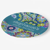 フローラブライダルシャワーティール（緑がかった色）と緑のレトロ花 ペーパープレート (アングル)