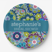 フローラブライダルシャワーティール（緑がかった色）と緑のレトロ花 ペーパープレート (正面)