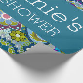 フローラブライダルシャワーティール（緑がかった色）と緑のレトロ花 ラッピングペーパー (角)