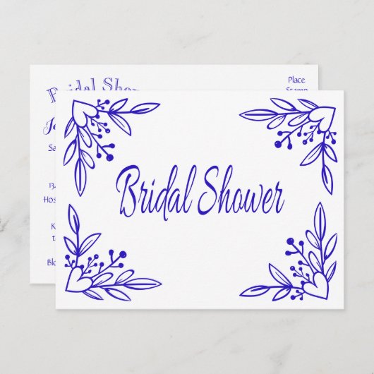 フローラブライダルシャワーネイビーブルーハート結婚ズ インビテーションポストカード (正面/裏面)