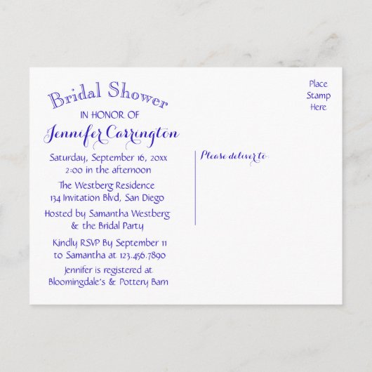 フローラブライダルシャワーネイビーブルーハート結婚ズ インビテーションポストカード (裏面)