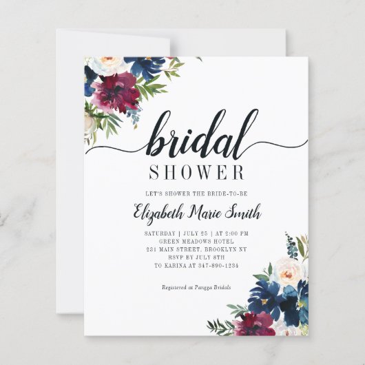 フローラブライダルシャワーネイビーブルーブルゴーニュ招待状 (正面)