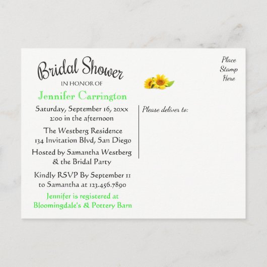 フローラブライダルシャワーヒマワリ黄色フラワーグリーン インビテーションポストカード (裏面)
