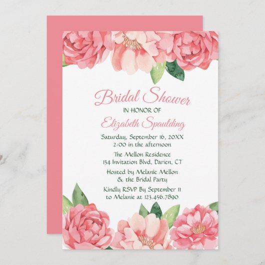 フローラブライダルシャワーピンクローゼスプニーズフラワー 招待状 (正面/裏面)