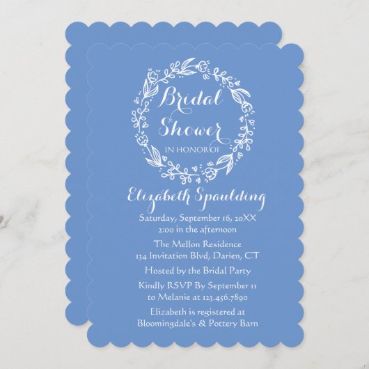 フローラブライダルシャワーブルーコーンフラワーフラワーリース 招待状 (正面/裏面)