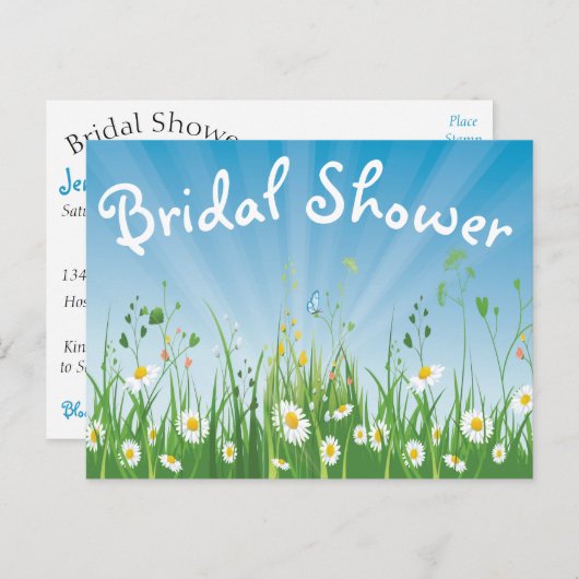 フローラブライダルシャワーホワイトデイジーブルー招待状 インビテーションポストカード (正面/裏面)