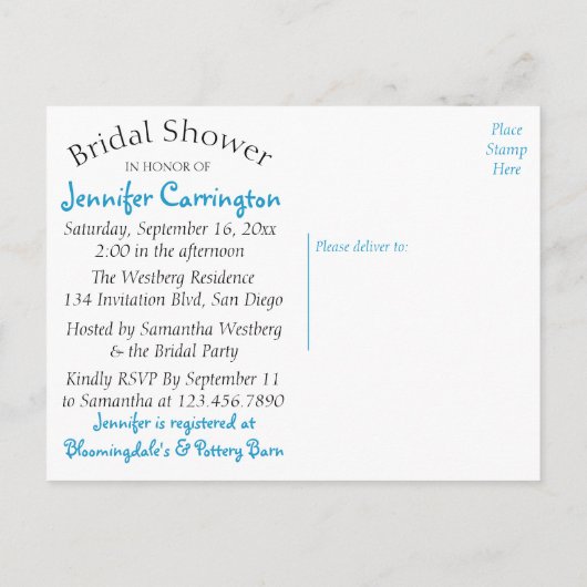 フローラブライダルシャワーホワイトデイジーブルー招待状 インビテーションポストカード (裏面)