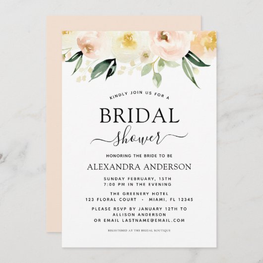 フローラブライダルシャワー赤面ピンクウォーター色 招待状 (正面/裏面)