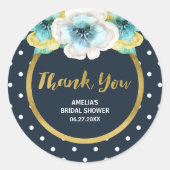 フローラブライダルシャワー、ブルーとフェイク金ゴールドありがとう ラウンドシール (正面)
