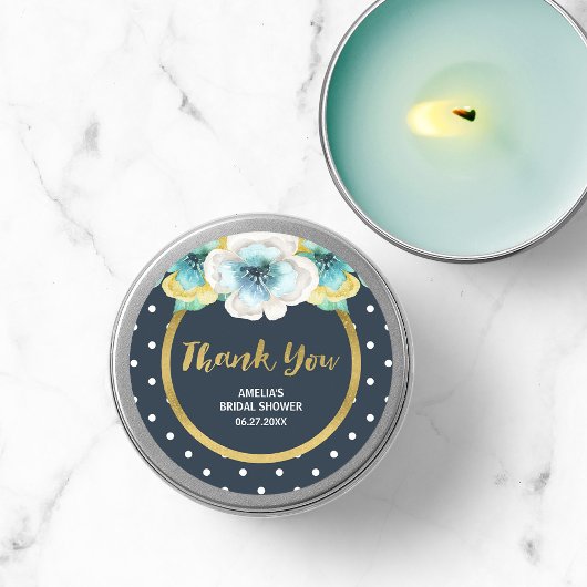 フローラブライダルシャワー、ブルーとフェイク金ゴールドありがとう ラウンドシール