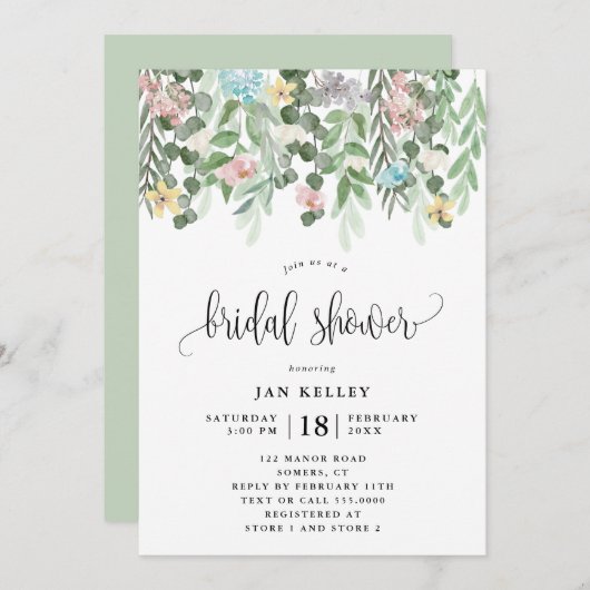 フローラブライダルシャワー、水彩コテージ花 招待状 (正面/裏面)