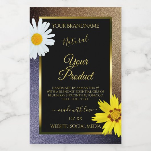 フローラブラウンとブルーのグリッターブラック製品ラベル フードラベル (シングルラベル)