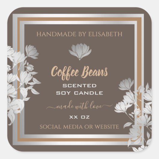 フローラブラウン製品包装ラベル銀枠 スクエアシール (正面)