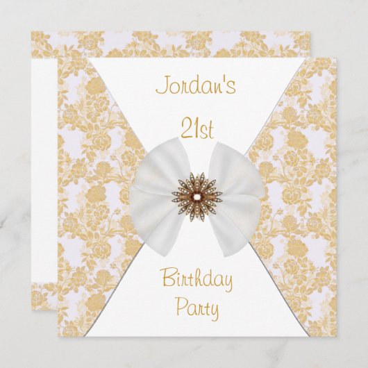 フローラブラウン金ゴールドホワイトボウ21歳の誕生日パーティー 招待状 (正面/裏面)