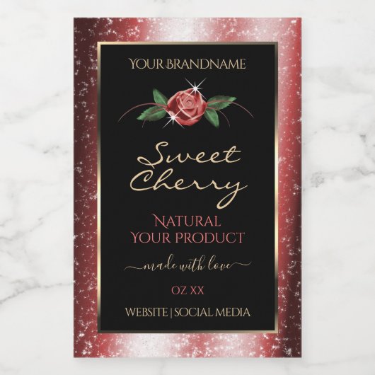 フローラブラックおよびレッドのソフトグリッター製品ラベル フードラベル (シングルラベル)