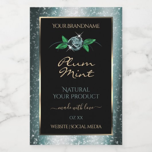 フローラブラックと濃色ティール（緑がかった色）グリッター製品ラベル フードラベル (シングルラベル)