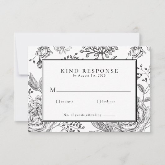 フローラブラックエレガントなウェディングRSVPカード 出欠カード (正面)