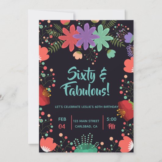 フローラブラックカラフルガーデン素晴らしい誕生日 招待状 (正面)