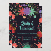 フローラブラックカラフルガーデン素晴らしい誕生日 招待状 (正面/裏面)