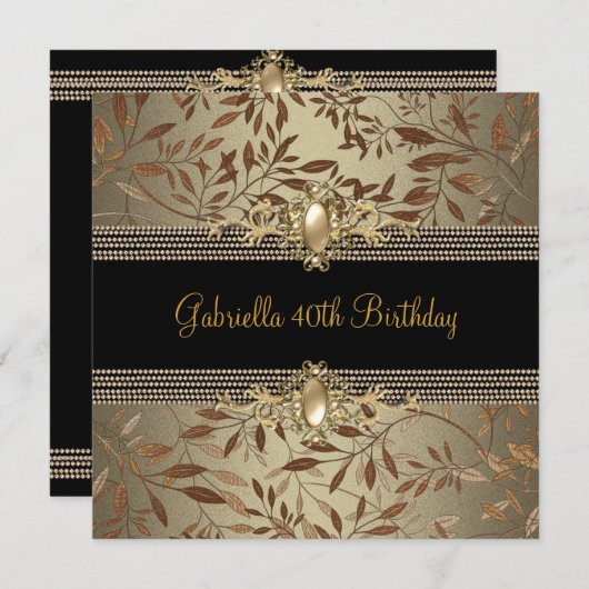 フローラブラックコーヒーパールチェーン40th誕生日 招待状 (正面/裏面)