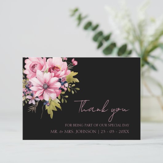 フローラブラックピンクの花ダークエステ結婚ィティ サンキューカード (スタンド正面)