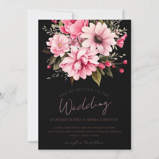 フローラブラックピンクの花ダークエステ結婚ィティ 招待状 (正面)