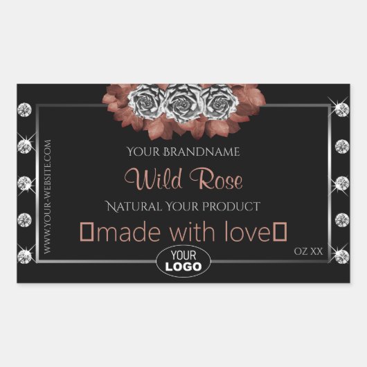 フローラブラックレッド銀製品ラベル宝石ロゴ 長方形シール (正面)