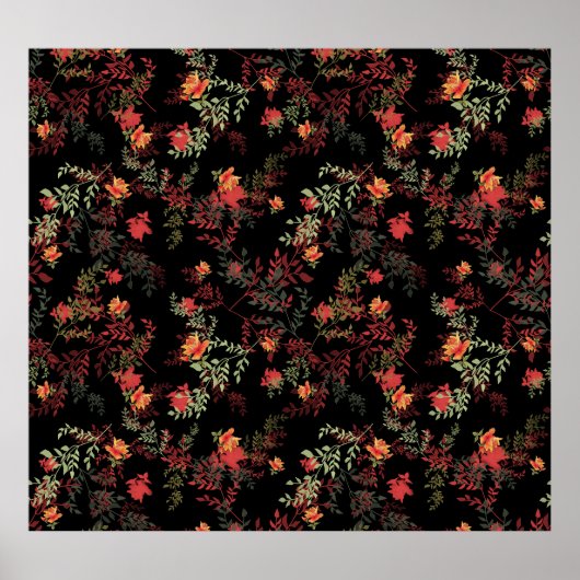 フローラブラック背景シームレスパターン ポスター (正面)