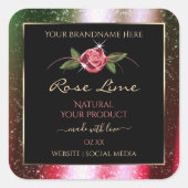 フローラブラック製品ラベル緑とピンクのグリッター スクエアシール (正面)