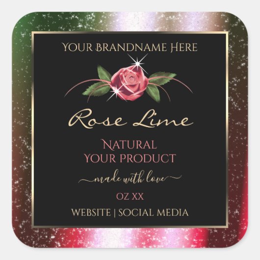 フローラブラック製品ラベル緑とピンクのグリッター スクエアシール (正面)