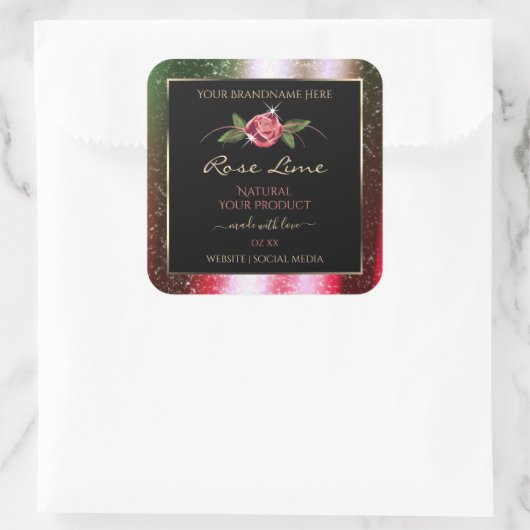 フローラブラック製品ラベル緑とピンクのグリッター スクエアシール (バッグ)