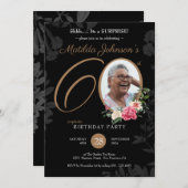 フローラブラック金ゴールドサプライズ60誕生日 招待状 (正面/裏面)