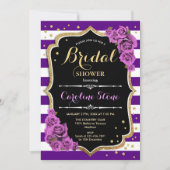 フローラブラック金ゴールドパープルストライプブライダルシャワー 招待状 (正面)