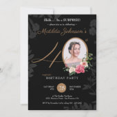 フローラブラック金ゴールドフォトサプライズ40歳の誕生日 招待状 (正面)