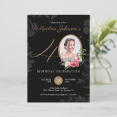 フローラブラック金ゴールド写真40歳の誕生日パーティー 招待状 (スタンド正面)