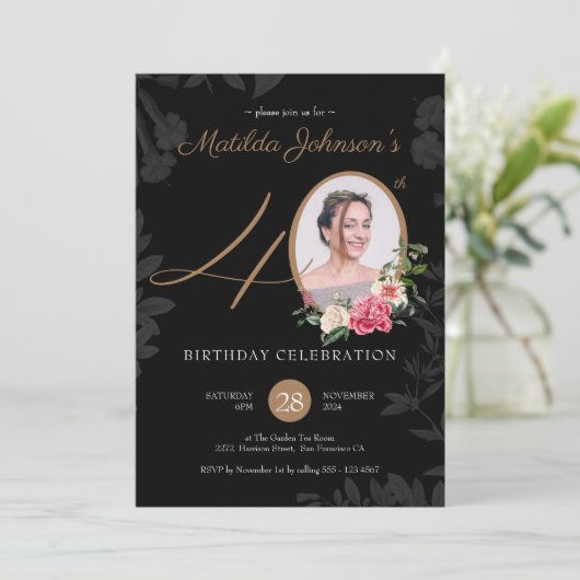 フローラブラック金ゴールド写真40歳の誕生日パーティー 招待状 (スタンド正面)