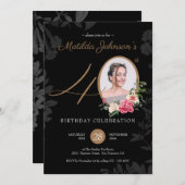 フローラブラック金ゴールド写真40歳の誕生日パーティー 招待状 (正面/裏面)