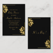 フローラブラック金ゴールド男の赤ちゃんシャワー招待状 ノートカード (正面/裏面)