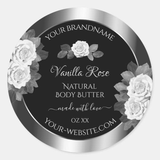 フローラブラック&シルバー製品ラベル白バラ ラウンドシール (正面)