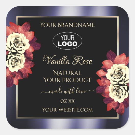 フローラブラック・ブルー製品ラベル咲きバラロゴ スクエアシール (正面)