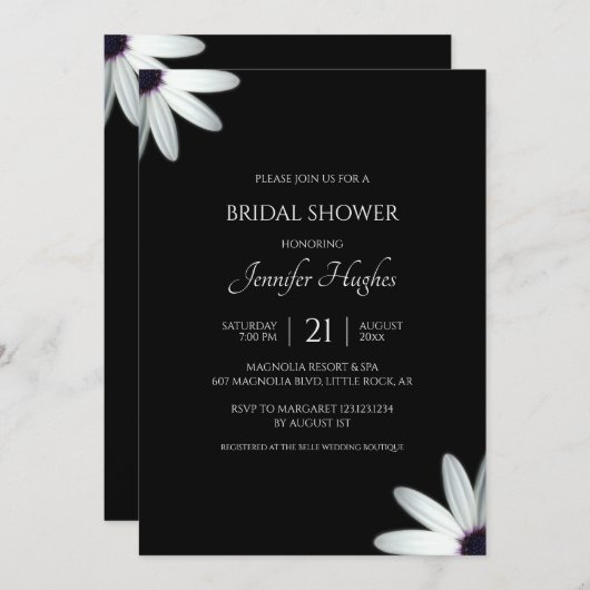 フローラブラック&ホワイトブライダルシャワー 招待状 (正面/裏面)