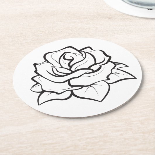 フローラブラック&ホワイトローズフラワーウェディングパーティー ラウンドペーパーコースター (アングル)