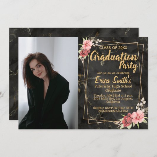 フローラブラック&金ゴールドフォト卒業パーティー 招待状 (正面/裏面)
