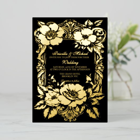 フローラブラック&金ゴールドヴィンテージデコ結婚ア 箔招待状 (立ち正面)