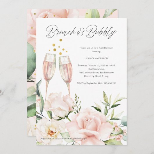 フローラブランチと泡立つ赤面ピンクのシックなミモザ 招待状 (正面/裏面)