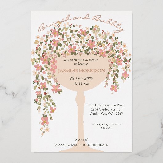 フローラブランチアンドバブリーシャンパンブライダルシャワー 箔招待状 (正面)