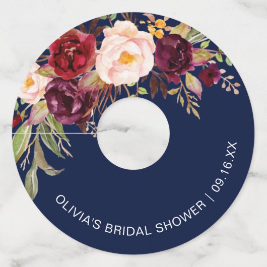 フローラブルガンディネイビーブルーブライダルシャワー ワイングラスタグ (正面)