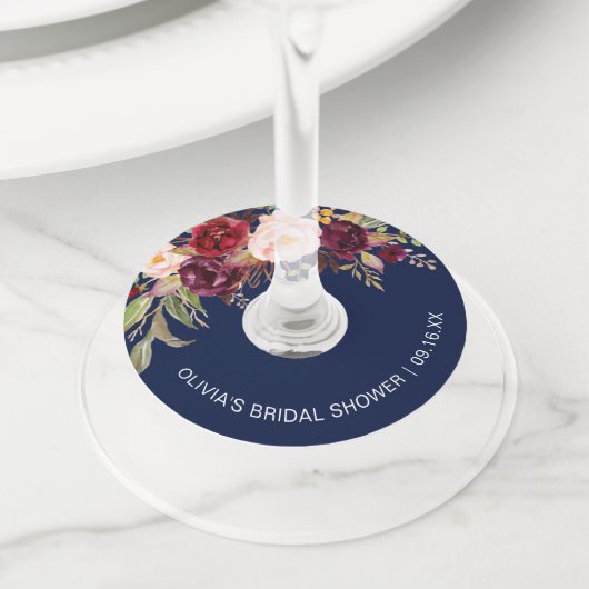フローラブルガンディネイビーブルーブライダルシャワー ワイングラスタグ (クローズアップ)