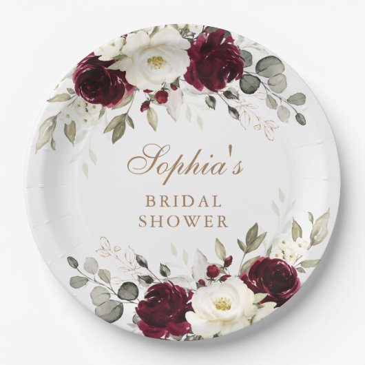 フローラブルガンディホワイトグリーンリー金ゴールドブライダルシャワー ペーパープレート (正面)