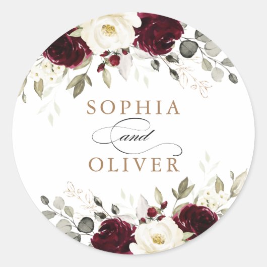 フローラブルガンディホワイトグリーンリー金ゴールド封筒用シール ラウンドシール (正面)